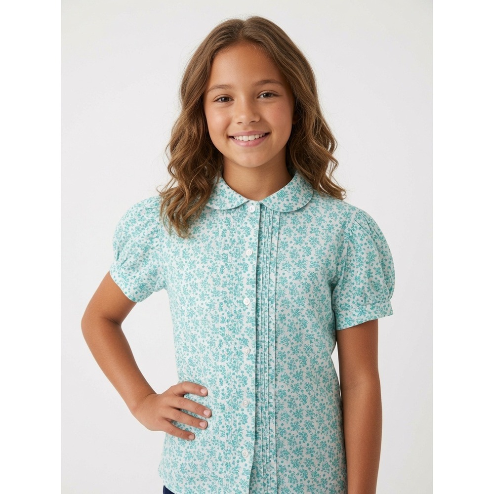 Vintage Sears Girls Teal Floral Peter Pan Collar Pintuck Puff Sleeve Shirt 12